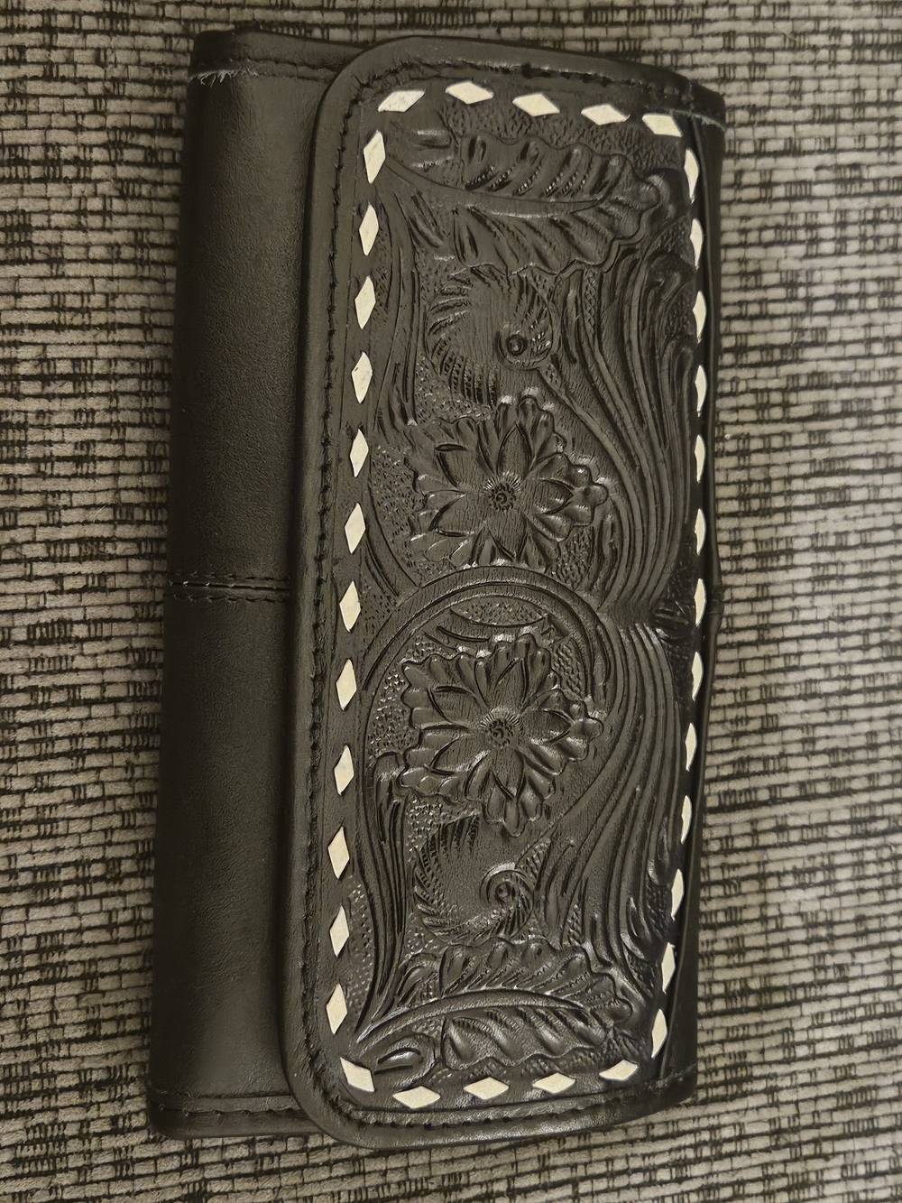 Black Genuine Leather Hand Tooled Wallet With White Stitching